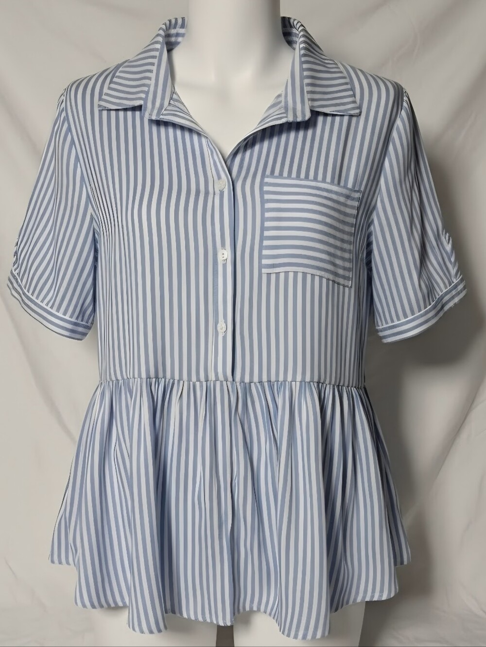 Striped Button-Front Peplum Blouse - Blue & White
